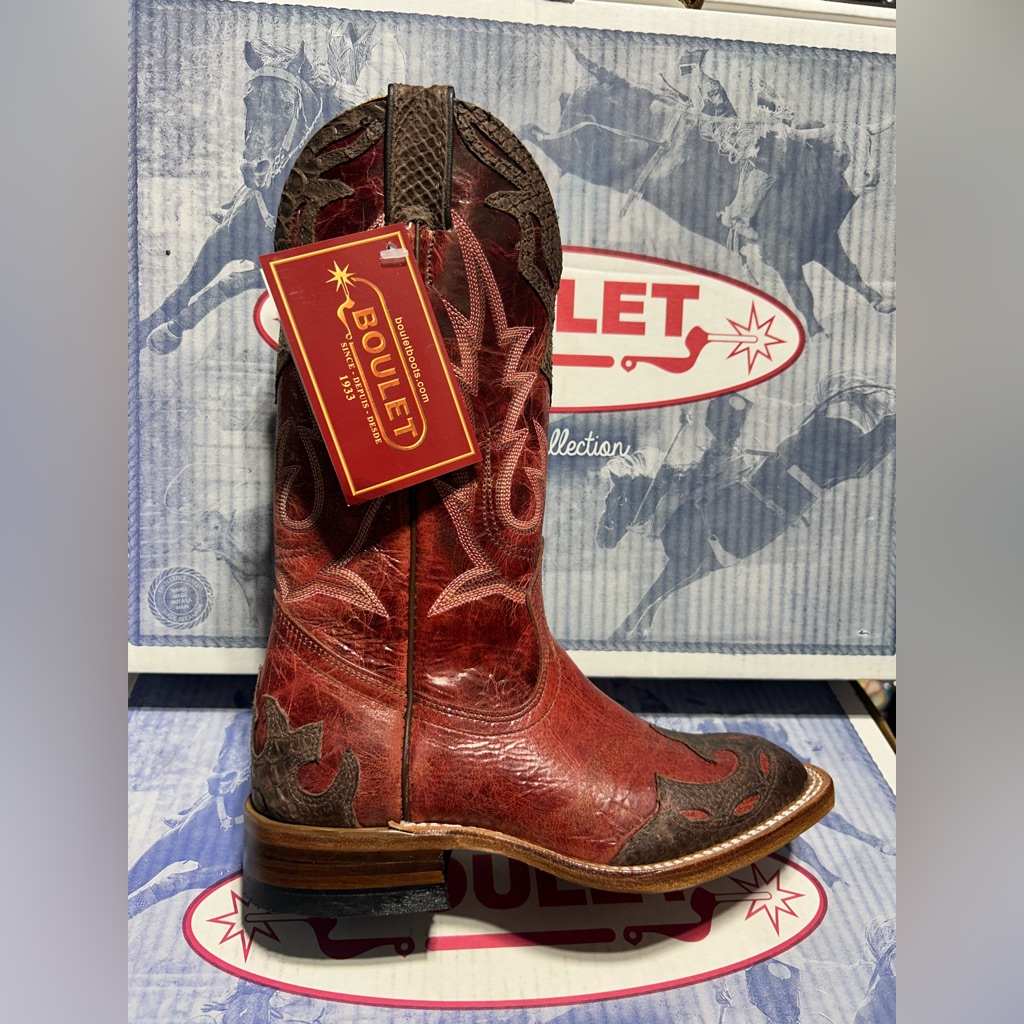 Red And Brown Heeled Boots With Western Style
